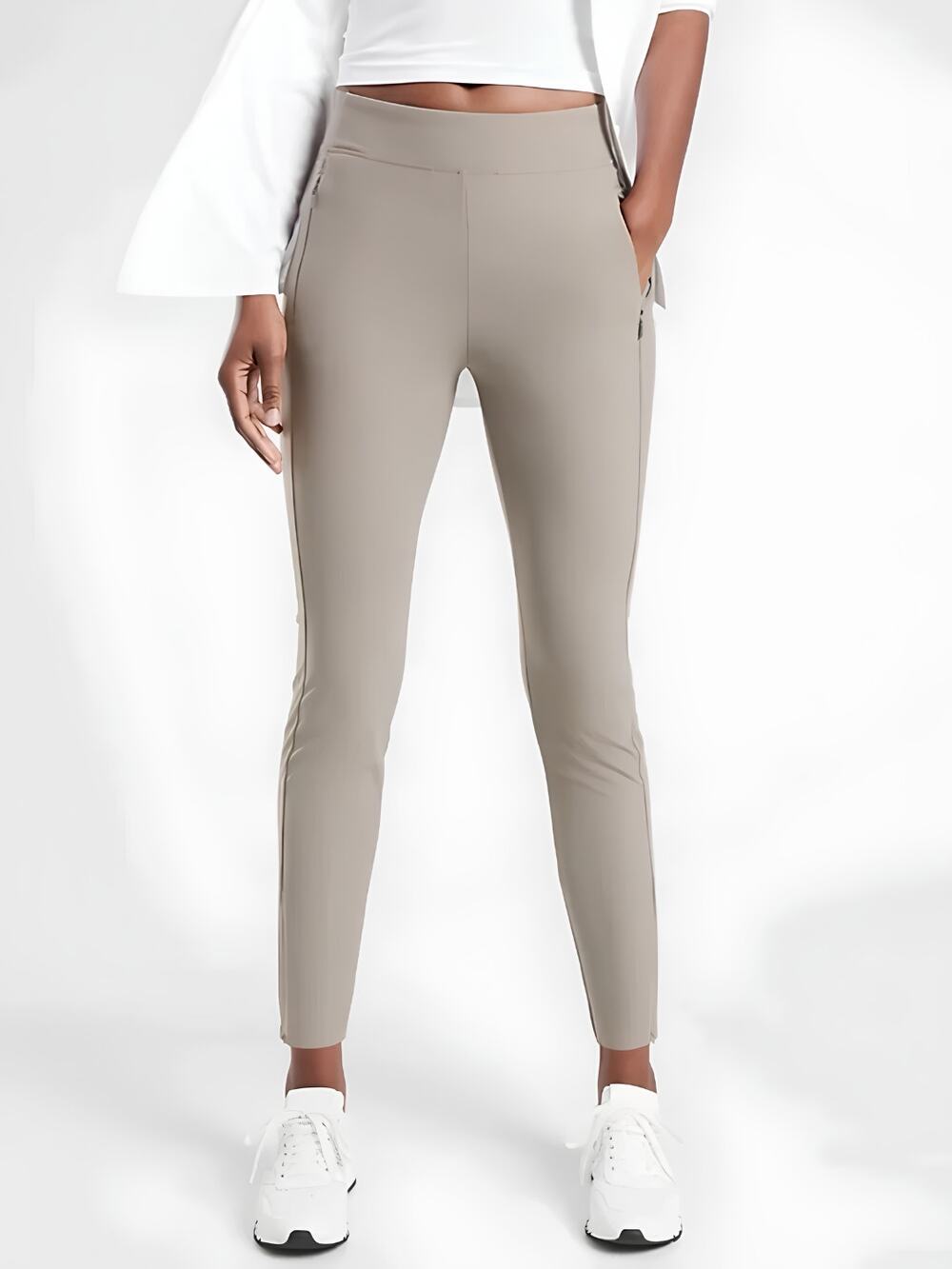 Athleta Stellar Tights 10 Taupe Gray High Rise Zip Ankle Hem Stretch Travel Pant